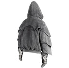 Back view of armored hoodie showing stonewashed streetwear armor panels